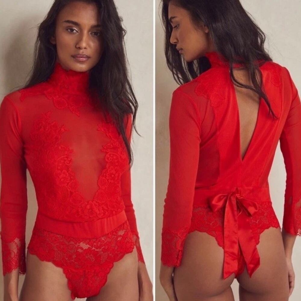 Elegant Red Lace High Neck Bodysuit